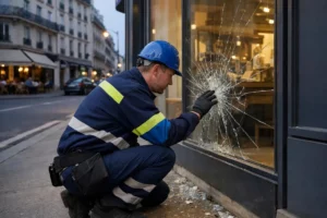 Broken storefront window with visible shattered glass at night, professional glazier in high-visibility vest examining damage with tools, urban French street setting showing emergency intervention urgency