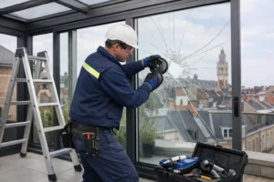 Professional glazier in safety gear replacing broken double glazing panel on a modern glass veranda roof in Lille, with tools and ladder visible, showing technical repair work in progress
