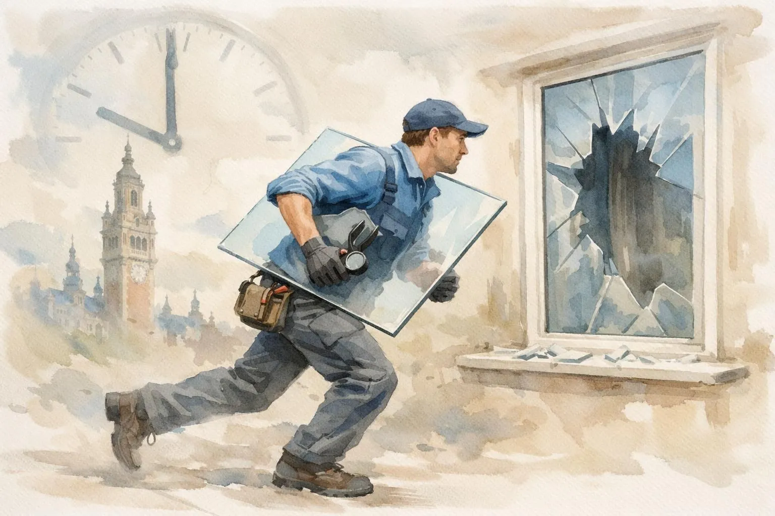 Meilleur vitrier urgence Lille: illustration aquarelle d'un expert rapide en réparation de vitre.