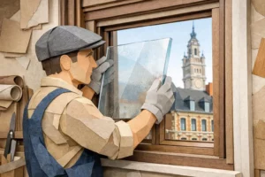 Artisan vitrier Lille devis gratuit. Scène paper craft d'un vitrier installant une vitre, fond architectural de Lille.
