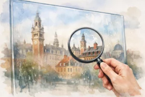 Aquarelle: loupe examinant une vitre transparente reflétant Lille, symbolisant l'évaluation pour choisir le meilleur vitrier