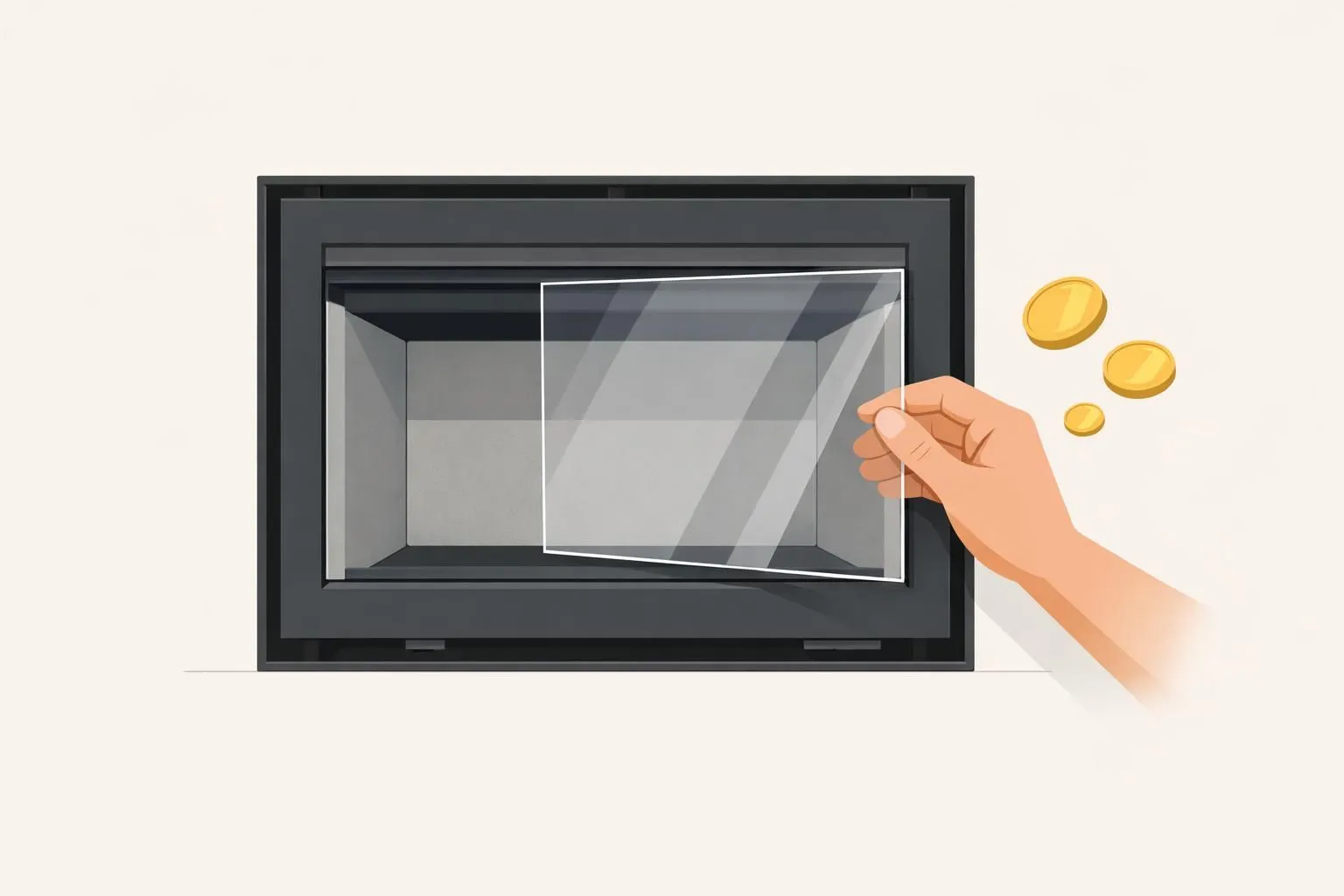 Main installant une vitre neuve dans un insert de cheminée. Coût remplacement vitre insert, facteurs de prix et budget 2026.