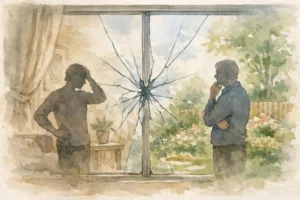 Vitre cassée locataire ou propriétaire: aquarelle douce illustrant le dilemme de qui doit payer la réparation.