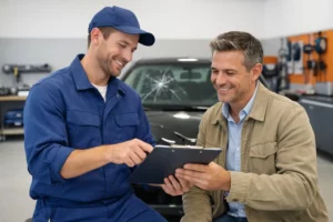 Professional glass repair technician in blue uniform showing insurance approval documents to satisfied customer inside modern bright workshop in Lille, visible damaged windshield on vehicle in background, clean professional environment with tools and equipment visible