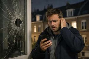 Lille resident at night holding smartphone looking stressed at broken window glass, urban French apartment building background, worried expression, emergency situation, realistic photography style