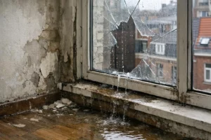 Broken apartment window in Lille building showing water damage on interior wall and floor, with rain entering through shattered glass pane, visible security vulnerability in residential copropriété setting, realistic daytime photography