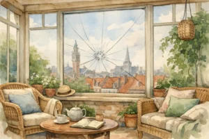 Vitre cassée véranda Lille: illustration aquarelle d'une vitre fendue, que faire immédiatement.