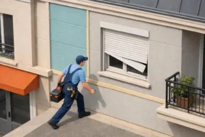 Dépannage volet roulant La Madeleine rapide 24h/24. Technicien répare un store extérieur bloqué.