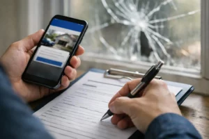"Vitre brisée, main remplissant un formulaire d'assurance avec smartphone"
