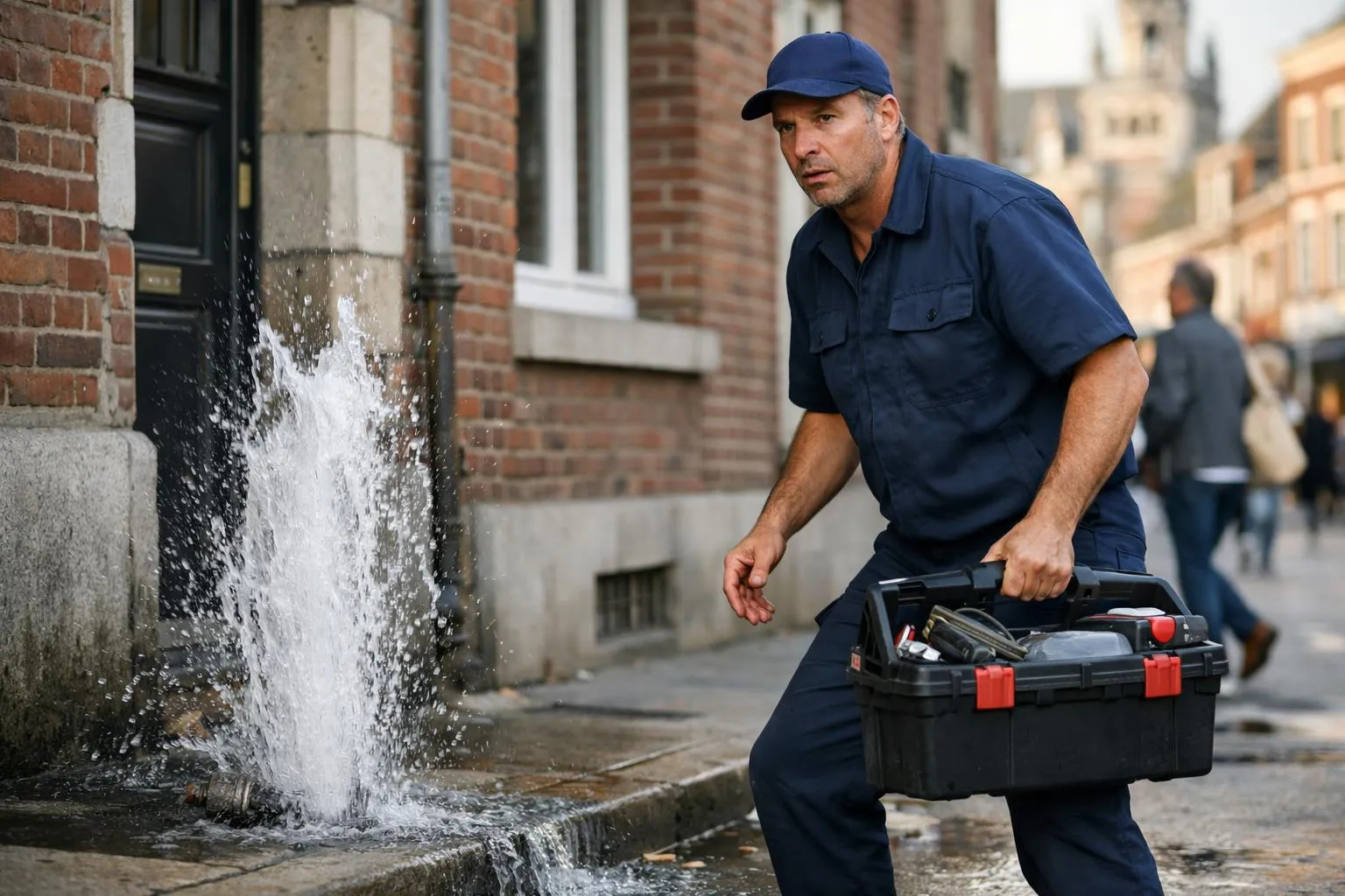 Plombier urgence Lille 24/7, intervention rapide d'un plombier devant un immeuble résidentiel