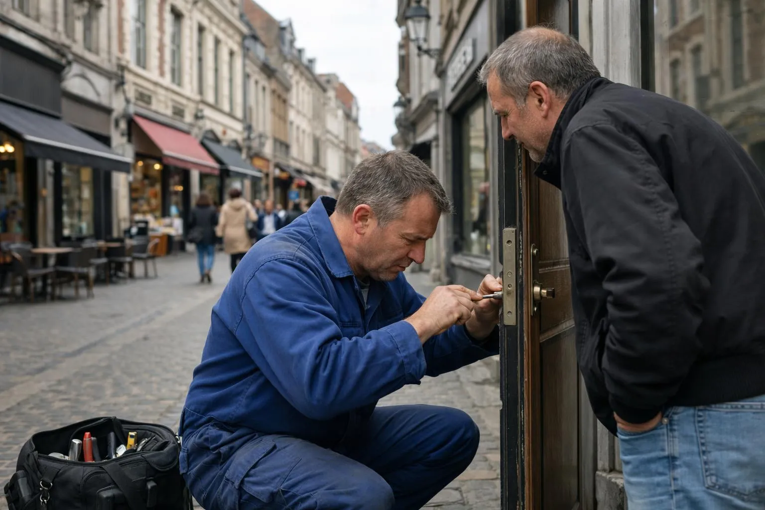 Serrurier à Lille, intervention sur une serrure de porte dans une rue commerçante, offrant un meilleur rapport qualité prix.