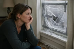 Femme dans pièce avec vitre cassée provisoirement réparée, solution provisoire vitre cassée.