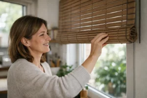 Femme utilisant un volet roulant en bois dans une cuisine avec lumière naturelle.