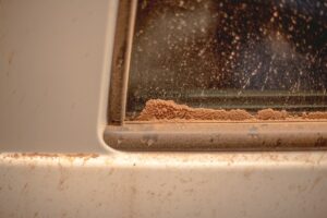 Fenêtre sale avec accumulation de poussière et de débris.