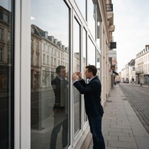 Professional glazier examining large broken storefront window of retail shop in Lille city center, measuring commercial glass panel, visible street architecture in background, daytime natural light, realistic photography style