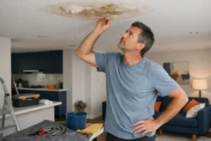 Homme vérifiant une fuite d'eau au plafond dans une pièce en rénovation.
