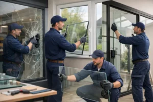 Professional glazier repairing different types of broken glass including commercial storefront window, residential double-glazed window, glass door, and conservatory glass in urban French setting, showing tools and replacement glass panels being installed, realistic photo style, daytime lighting