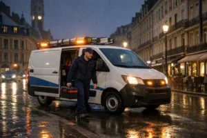 Professional emergency plumber van with orange hazard lights arriving at night in front of a typical northern French brick residential building in Lille, technician stepping out with toolbox, rainy street scene with visible urgency