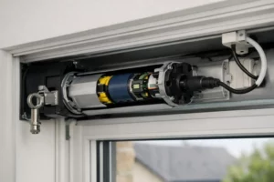Mécanisme de porte de garage électrique avec moteur et câblage.