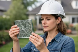 Femme examinant vitrage sécurité maison dans jardin, guide choix vitrage sécurité maison 2026