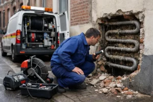 Plombier intervient sur un serpentin plomberie bloqué à Lille, équipement d'urgence pour réparation.