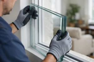 Homme en gants réparant une fenêtre en verre.