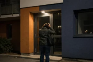 Personne en manteau sombre debout devant une porte d'entrée la nuit.