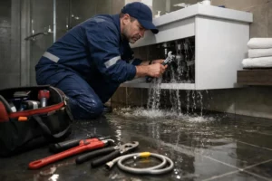Plombier réparant une fuite d'eau dans une salle de bain.