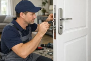 Homme en uniforme réparant une serrure de porte.