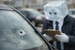 Homme en costume examinant un pare-brise fissuré d'un véhicule.