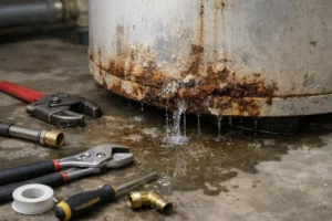 Fuite d'eau rouillée avec outils de plomberie.