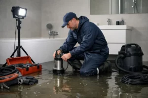 Plombier en combinaison de travail réparant une fuite d'eau dans une salle de bain.