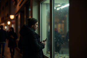 Homme en manteau sombre, regardant par la fenêtre dans la nuit.