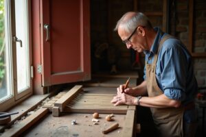 Homme âgé travaillant avec soin sur un projet de menuiserie.