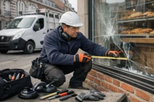 Ouvrier en uniforme réparant une fenêtre brisée dans une boulangerie.