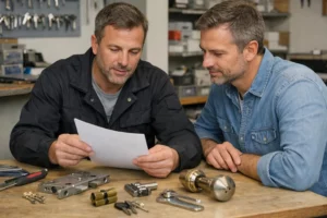Deux hommes examinant attentivement un document dans un atelier.
