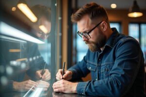 Homme barbu concentré sur son travail dans un bureau.