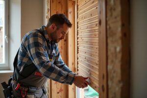 Homme en chemise à carreaux réparant une cloison en bois.