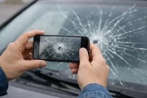 Smartphone avec écran fissuré dans les mains d'une personne.